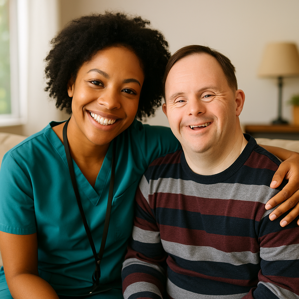 Caregiver interacting with a person using a wheelchair