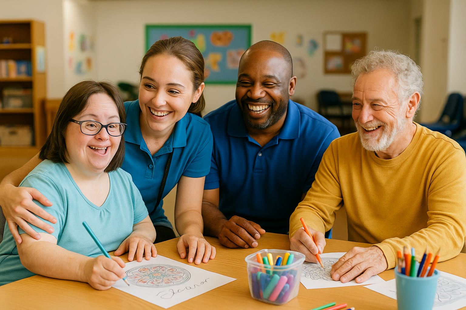 Group of adults with disabilities doing an activity together with staff support